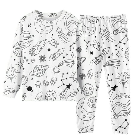 PINQI Home Wear Set for Children Kids DIY Hand Painted Homewear Set Pajama Sets for Boy and Girl Cute Funny Black White 2 Piece Children Soft Pajama Set(Grey-B 8-9 Years