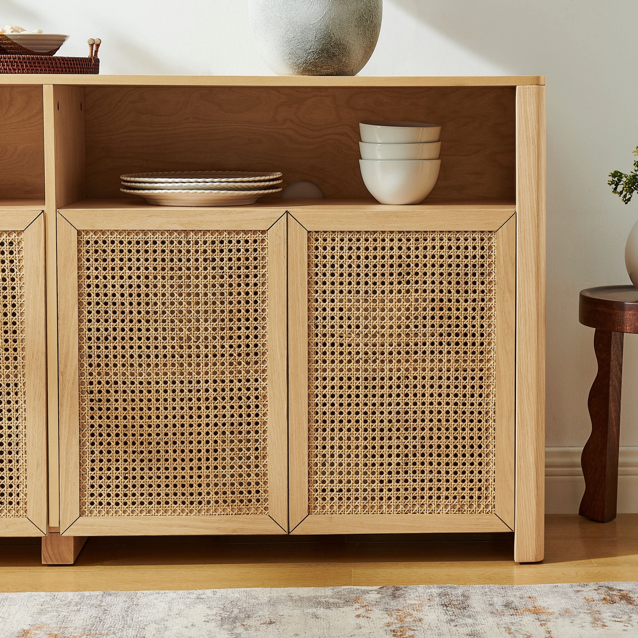 GDF Studio 63" Mid Century Modern Rattan Sideboard Buffet Cabinet with 4 Doors, Adjustable Shelves, Natural