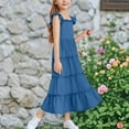 thumbnail image 4 of Spazoro Toddler Girls A-Line Dress, Casual Flutter Sleeve Round Neck Solid Color Princess Dresses for Child Girls Blue Size 9 T, 4 of 6