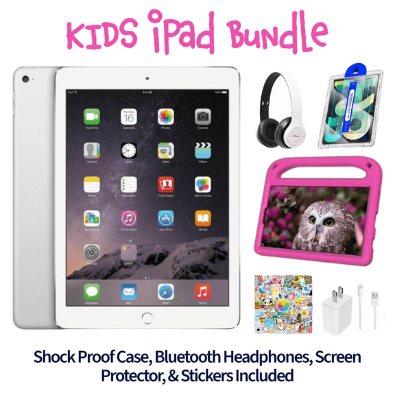 Restored Apple iPad Air 2 Kid's Bundle - 9.7" 64GB Silver (Wi-Fi) - Shock Proof Case, Bluetooth Headphones, Screen Protector, Kid's Stickers, and Charger Included (Refurbished)