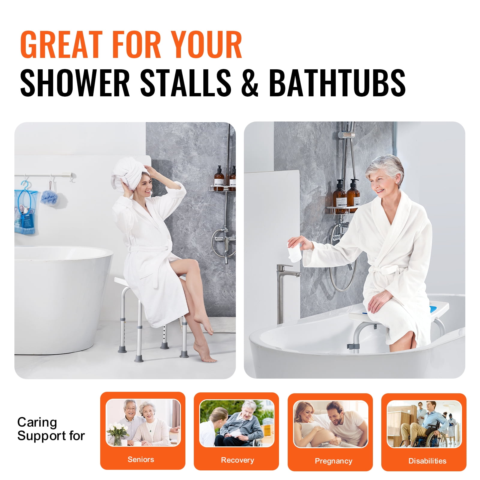 VEVOR Shower Chair, Adjustable Height Shower Stool, Shower Seat for Inside Shower or Tub, 350 LBS Capacity