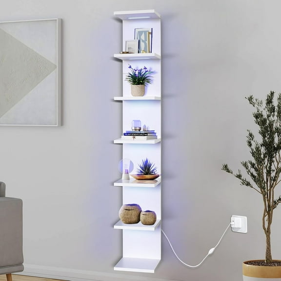 7-Tier Wall Shelf with LED Lighting, Modern White Floating Shelf for Bedroom & Living Room