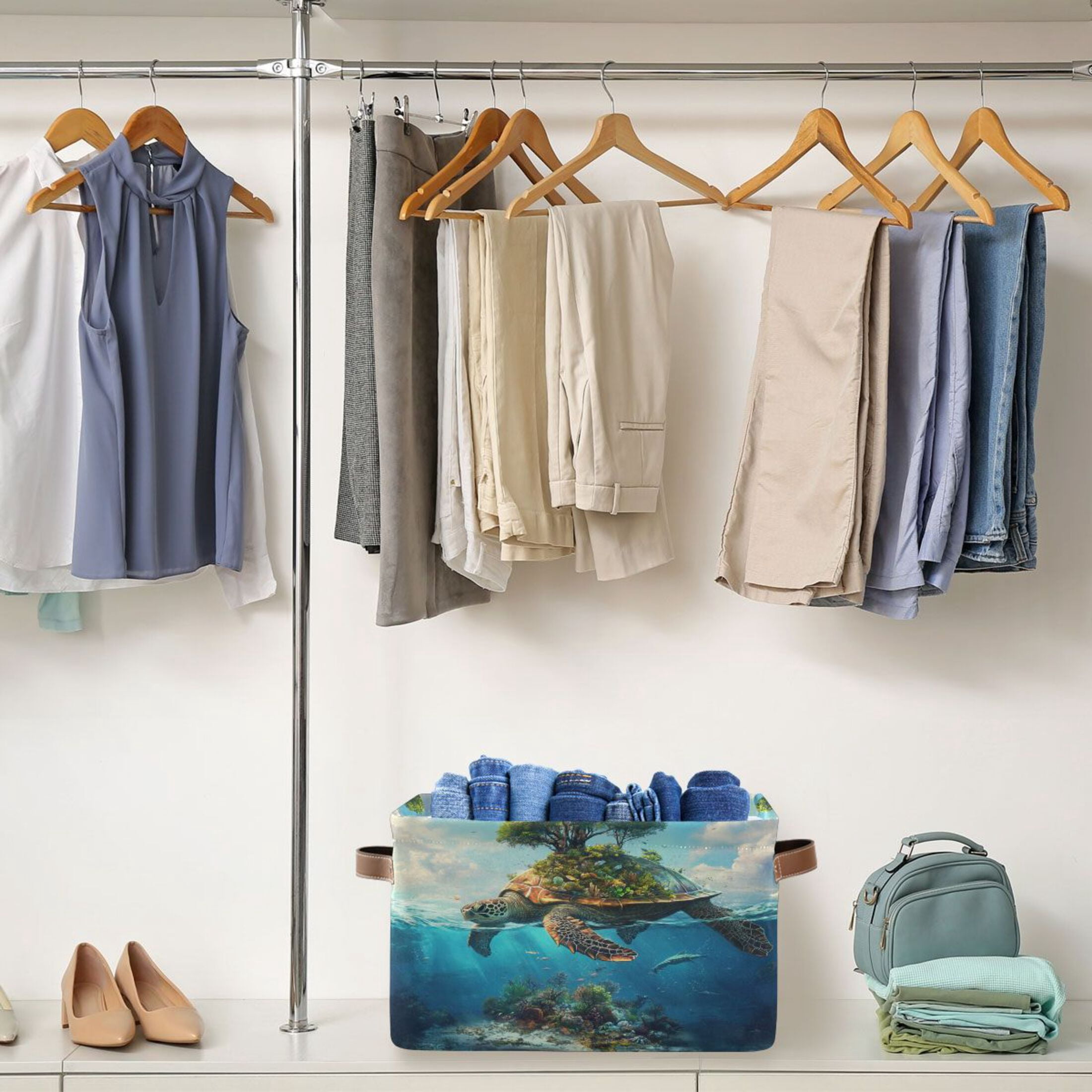 Sea Turtle Carrying Island Foldable Storage Basket,Canvas Fabric Foldable Storage Bins with Handles Open Home Storage Bins Boxes for Toy Book Shelf Closet Baskets