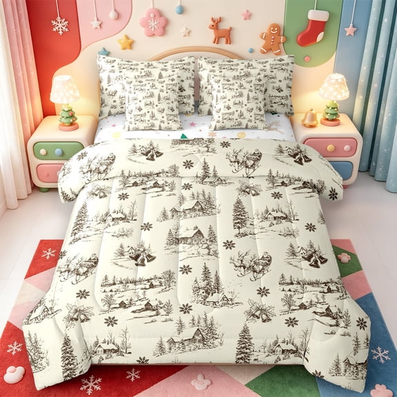 Manfei Xmas Winter Holiday 7-Piece Twin Bedding,Cute Animals Bedding Comforter Set,Xmas Reversible