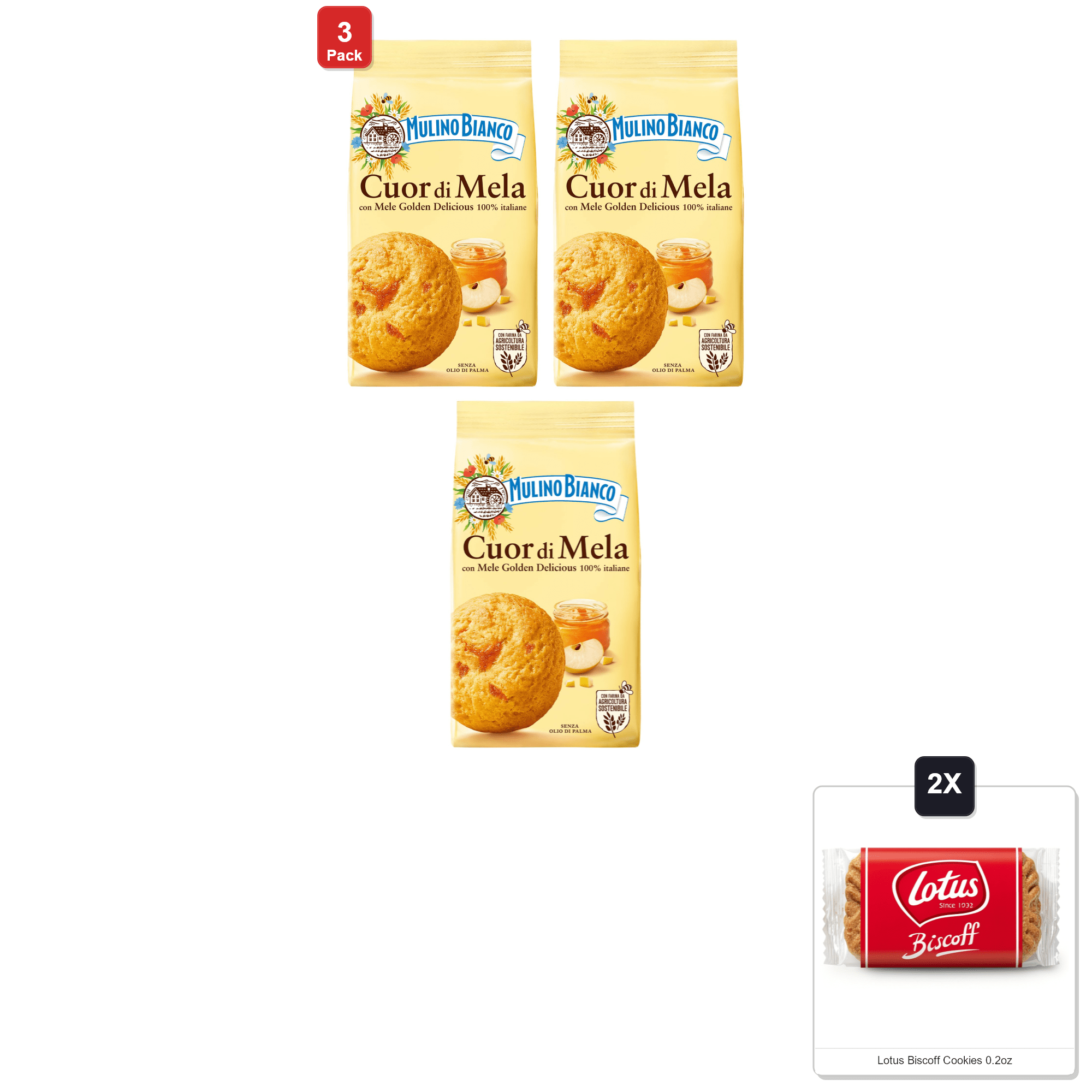 3 Pack | Mulino Bianco Cuor Di Mela 8.82Oz (250G) – Authentic Italian Biscuits With Apple Filling – Perfect Snack Or Breakfast Treat – Made With Natural Ingredients & 2x Lotus Biscoff Cookies 0.2oz