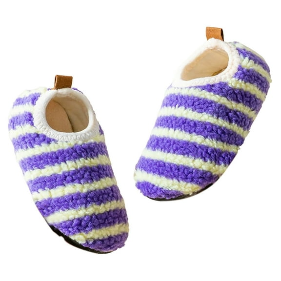 Tfken Girls Slippers For Boys Fleece Comfortable Closed Toe Flatform Slip-On Striped Print Purple Slippers Size 2-3 Years