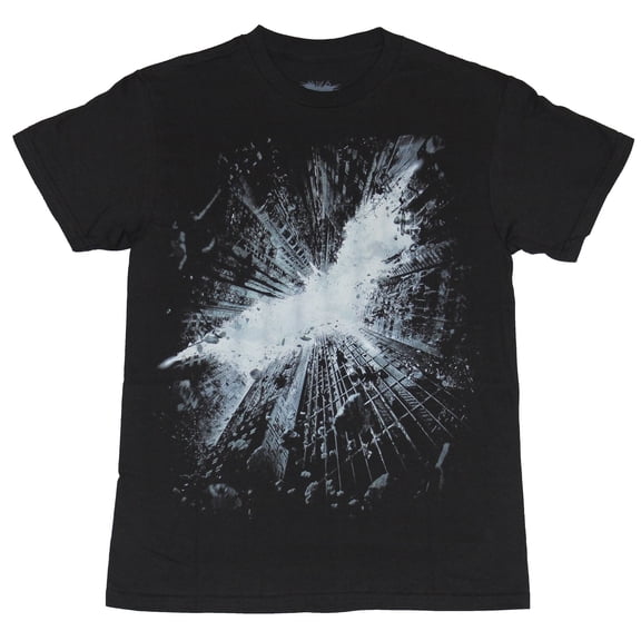Batman (DC Comics) Mens T-Shirt - Dark Knight Logo in Crumbling Skyscrapers (Small)