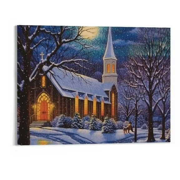 COMIO LED Lighted Church at Night Framed Christmas Canvas Wall Art  - 20x16 Inch