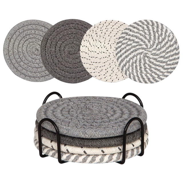 4Pcs Coaster With Metal Holder, Drink Coasters With Holder, Cotton Woven Absorbent Coasters for Drinks, Minimalist Home Decor Coaster Set for Wooden Tabletop Protection Table, C