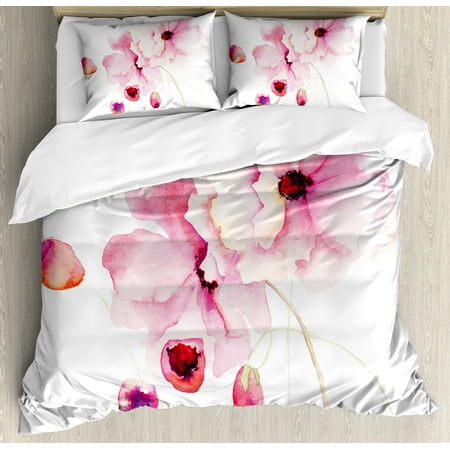 Watercolor Queen Size Duvet Cover Set Refined Pale Pink Flowers