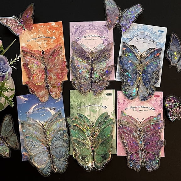 10Pcs Holographic purple butterfly PET stickers, gold-foil transparent vintage decals, suitable for room decoration, diaries, scrapbooks, card-making and DIY craft projects