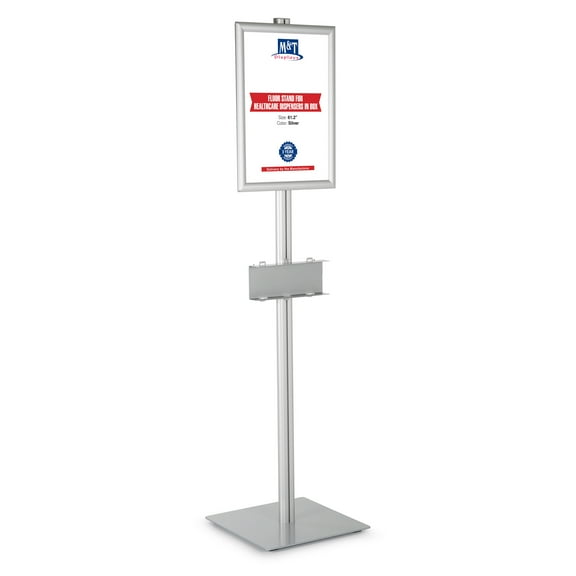 M&T Displays Floor Stand Universal Holder for Healthcare Product Box with 3.54 - 5.91x9.84 Inch Front Loading Opti Snap Frame Poster Sign Post, Face Mask, Disposable Glove, Facial Tissue, Hospital