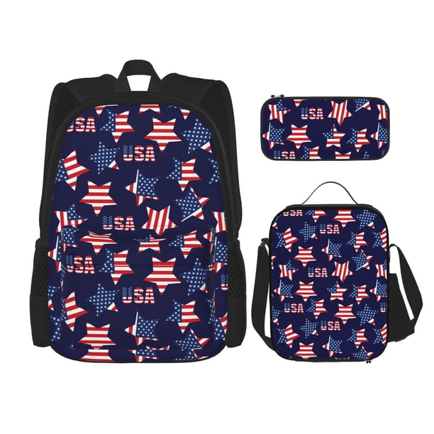 Easygdp American Stars Mochila para Niños y Niñas con Set de Caja de Almuerzo y Estuche para Lápices 3 en 1, Mochila Escolar Estampada para Adolescentes