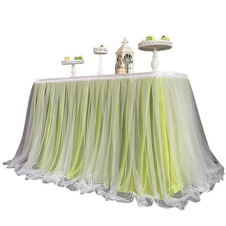 

Solid Color Ice Silk Table Skirt With Swiss Yarn Table Skirt Comes With A Tablecloth Easy To Install Table Skirt For Wedding Dessert Birthday Opening Activity-Green-1x0.8m