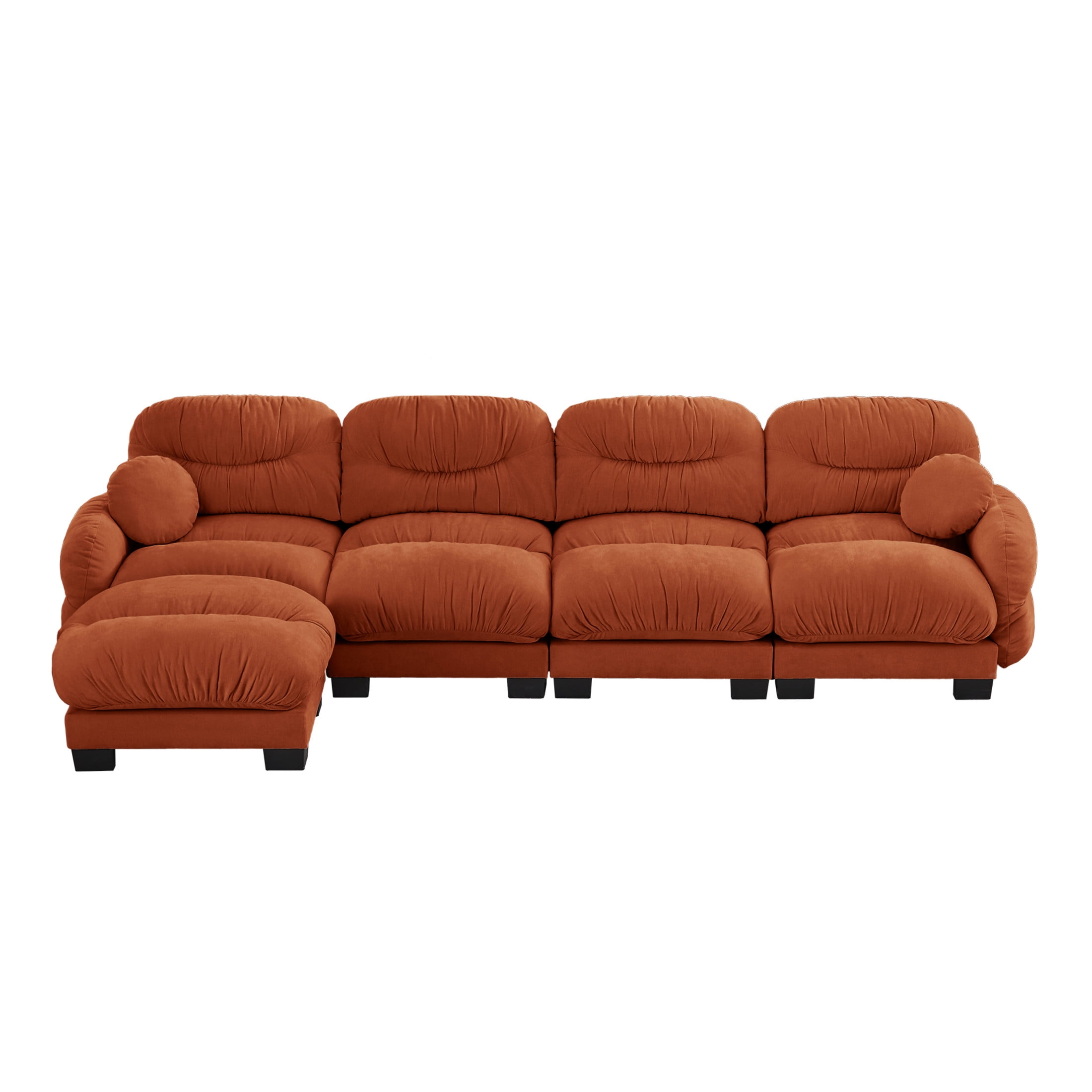 Noble House Corlan Pleated Chenille 4-Seater Sectional Sofa, Modular Deep Seat Couch with Ottoman and Throw Pillows, Orange