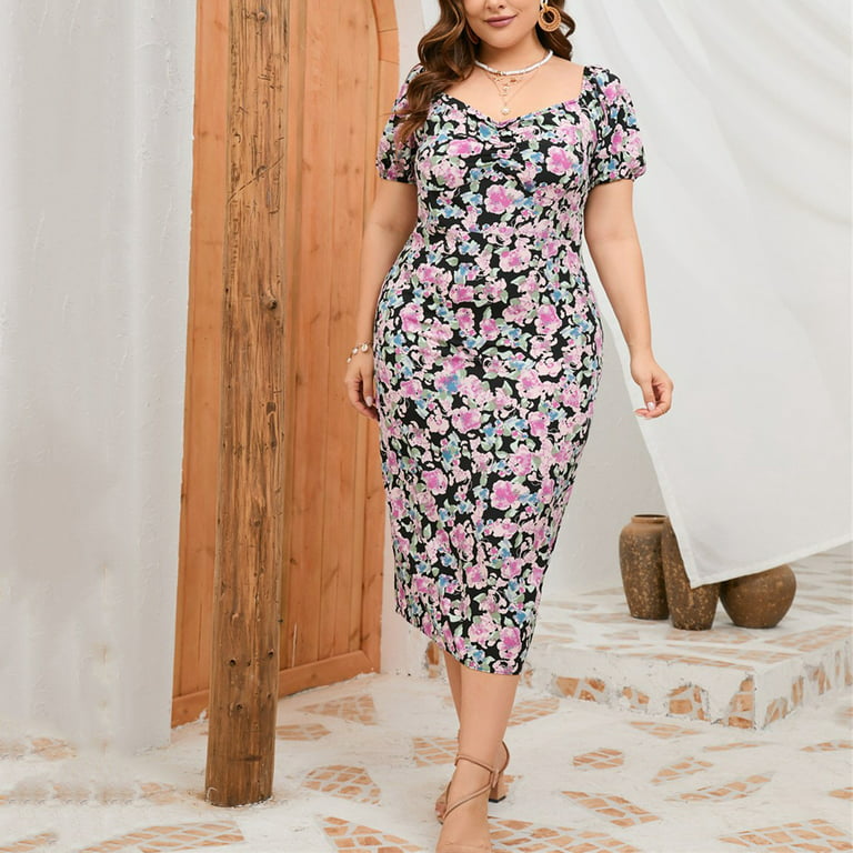 HAPIMO Women's Plus Size Midi Dress Short Sleeve Clothing V Neck Floral Print Tops Elegant Split Leisure Summer Dresses for Purple XXXXL Rollbacks - Walmart.com