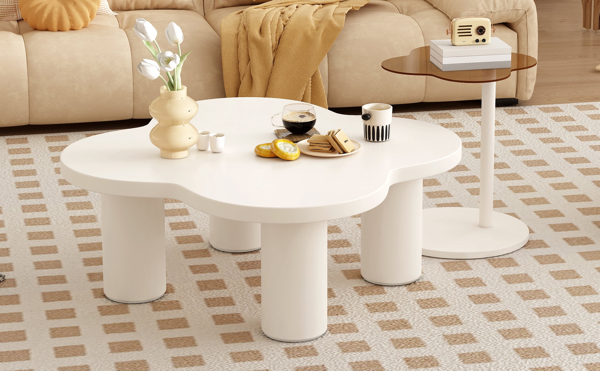 Euroco Modern Petal-Shaped Nesting Coffee Table Set with Glass & Solid Surface Tops