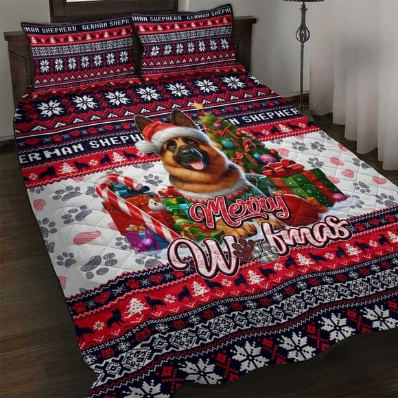 German Shepherd Merry Woofmas Quilt Bed Set Christmas Dog Art Style DT02
