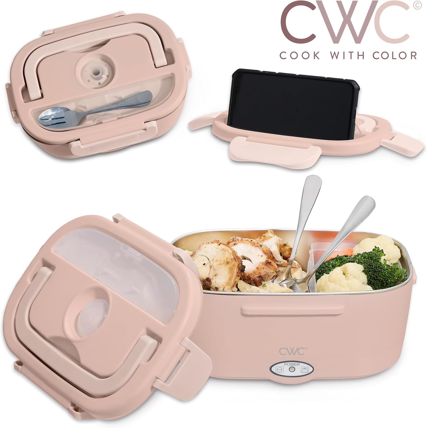 Cook With Color Heated Lunch Box Electric Food Warmer for Adults, Leakproof Insulated Portable Bento Box, 1.5L Blush