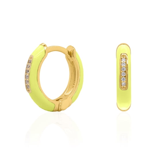 Mercie Sterling Silver Gold Vermeil Gold Neon Yellow Enamel Huggie Earrings, Cubic Zirconia Jewellery for Women