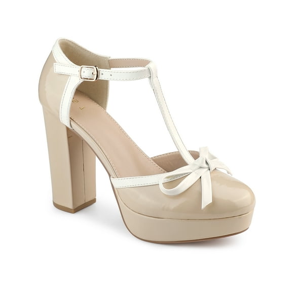 BLISSFUL STEP Women's ShoesT Strap Bow Vintage Block Heel Platform Heels Nude 8
