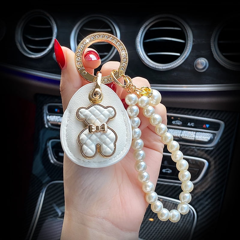 Leather Key Ring Personality Access Control Card Cover Bear Sticker Pearl Chain Keychain for Girl Woman Fashion Gift