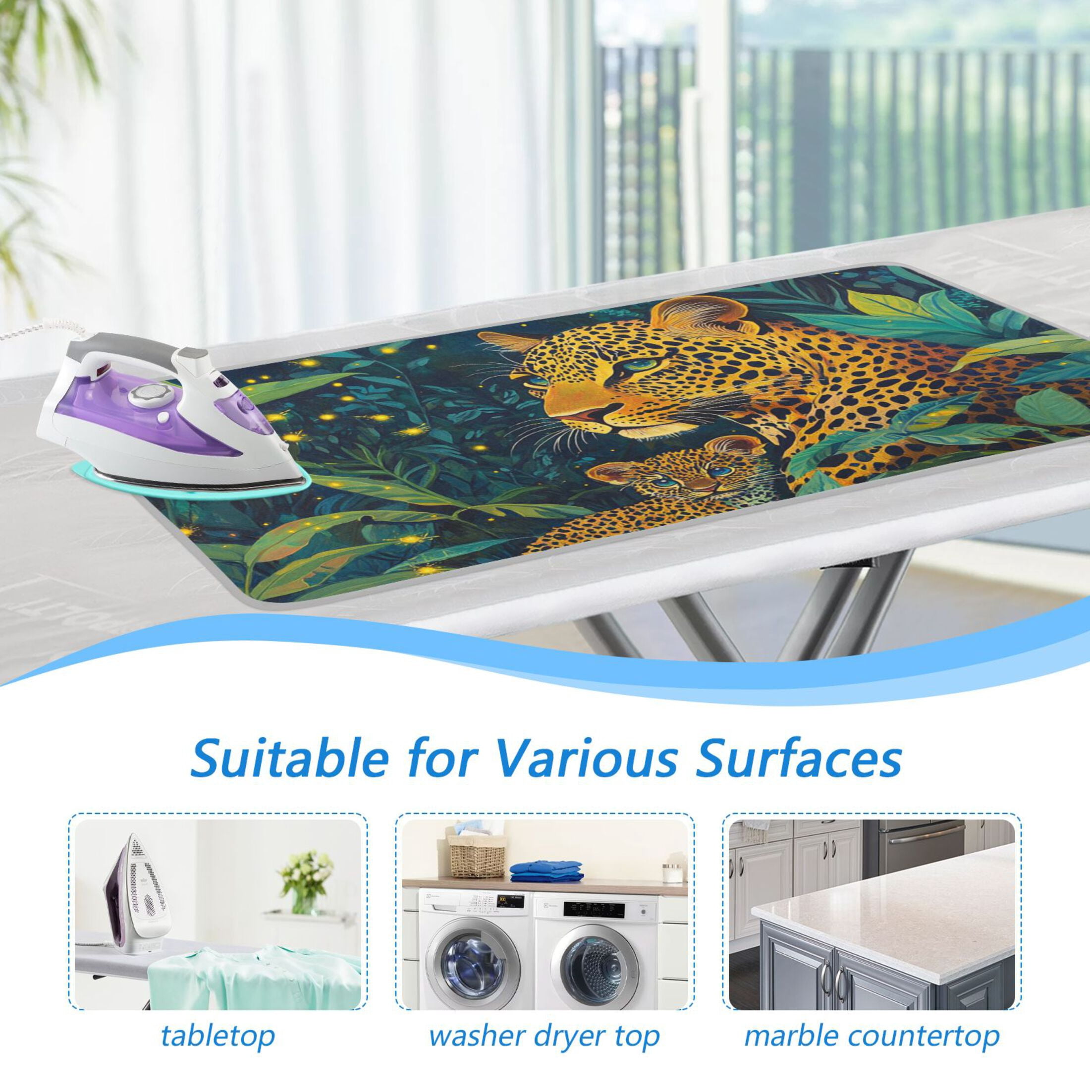 Cartoon Leopards in Jungle Moonlight Ironing Mat Blanket Portable Travel Ironing Pad Heat Resistant Pad 47.2" x 27.6”