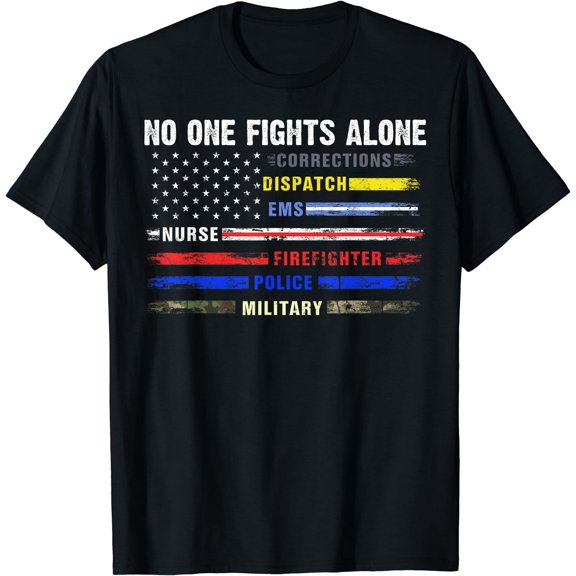 No-One Fight Alone First-Responder Heroes USA American Flag T-Shirt Black Small
