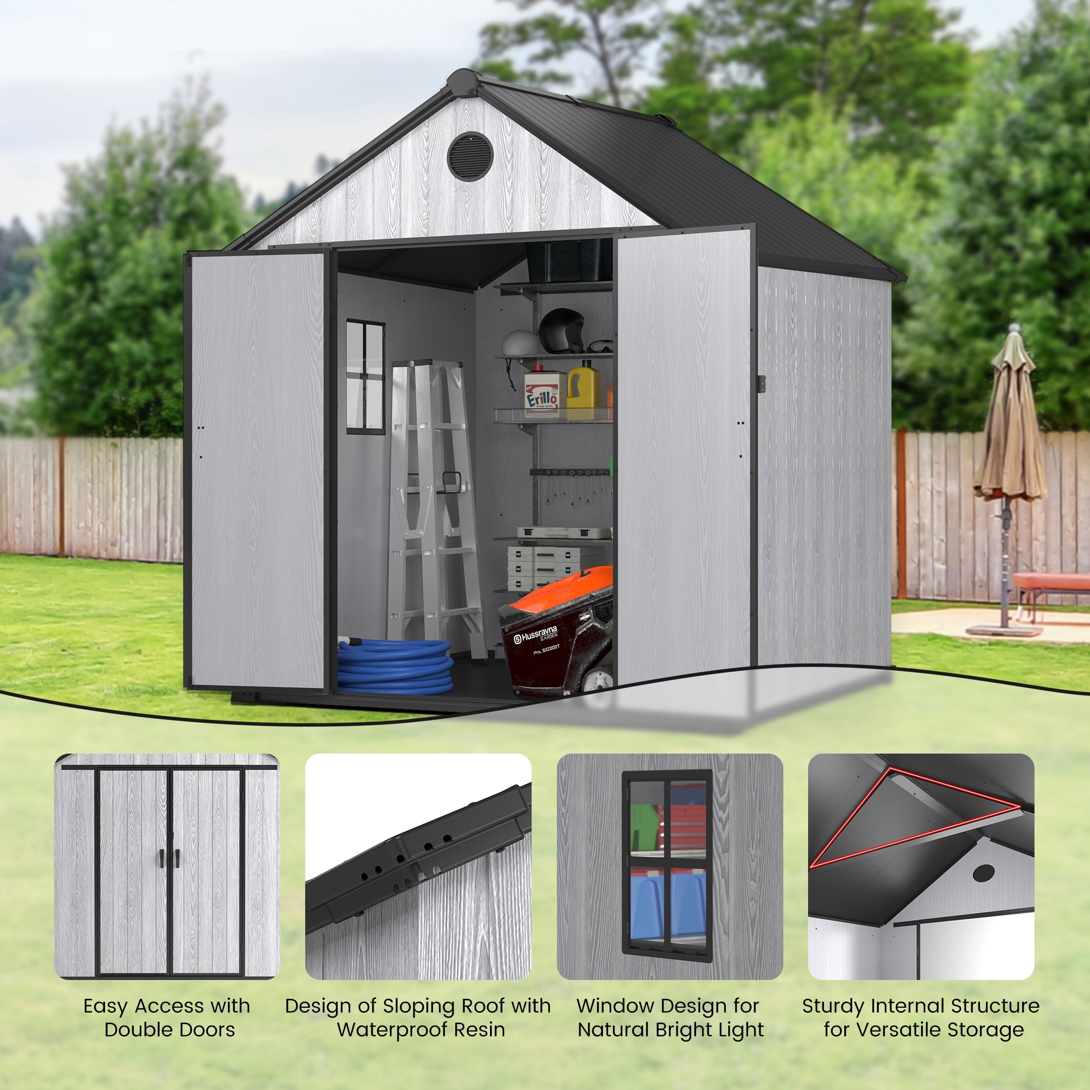 Enyopro 8×8 FT Storage Shed, Large Walk-in Outdoor Storage Shed, Heavy-Duty Resin Shed with Lockable Double Doors, Reinforced Roof, Windows & Floor, Weatherproof Garden Shed for Backyard Patio, Gray
