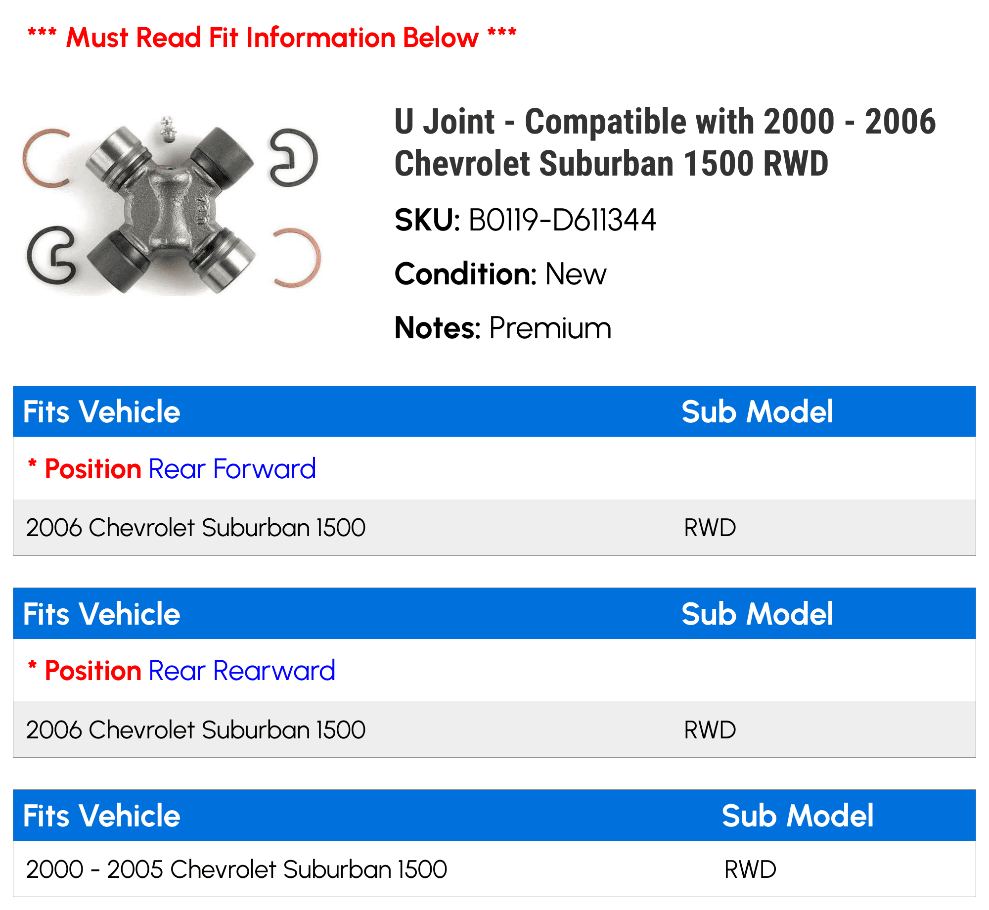U Joint - Compatible with 2000 - 2006 Chevrolet Suburban 1500 RWD - MOOG