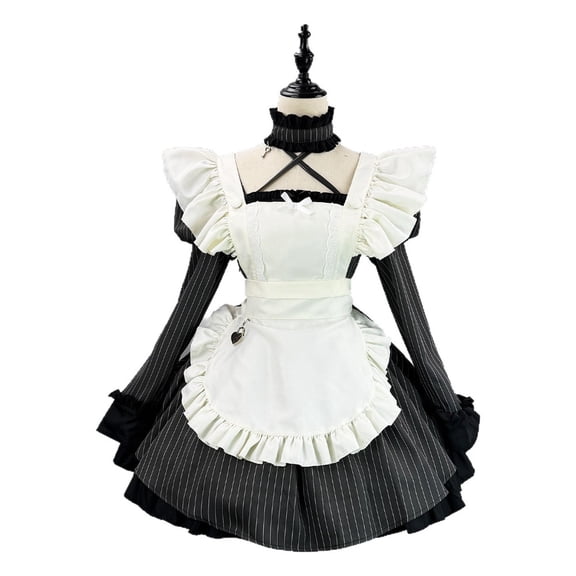Women’s Striped Lolita Maid Dress Puff Sleeve Lace Detail Sweet Style Outfit