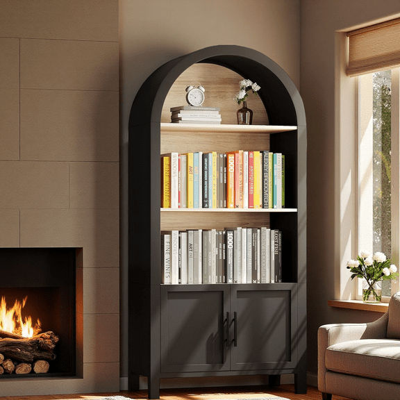 LUMAMIN Arched Cabinet, 66.7" Mid-Century Modern 3-Tier Bookshelf Bookcase with Open & Enclosed Storage for Living Room or Office, Black