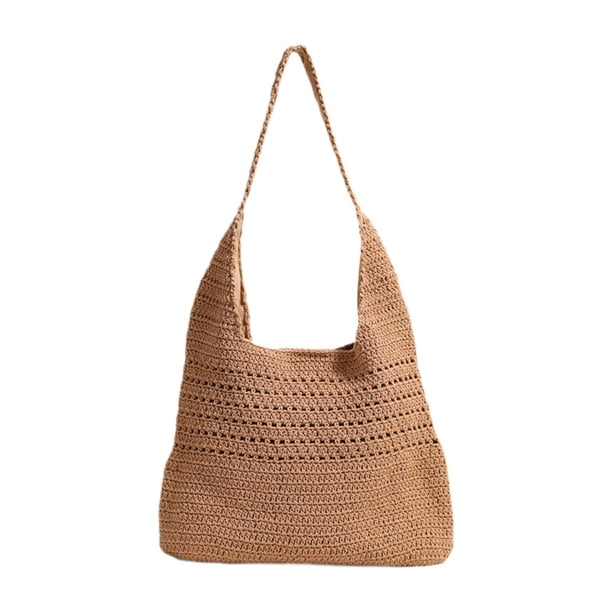 Bolso de playa tejido para mujer, bolso de hombro, bolso de mano informal para compras de verano Café ligero
