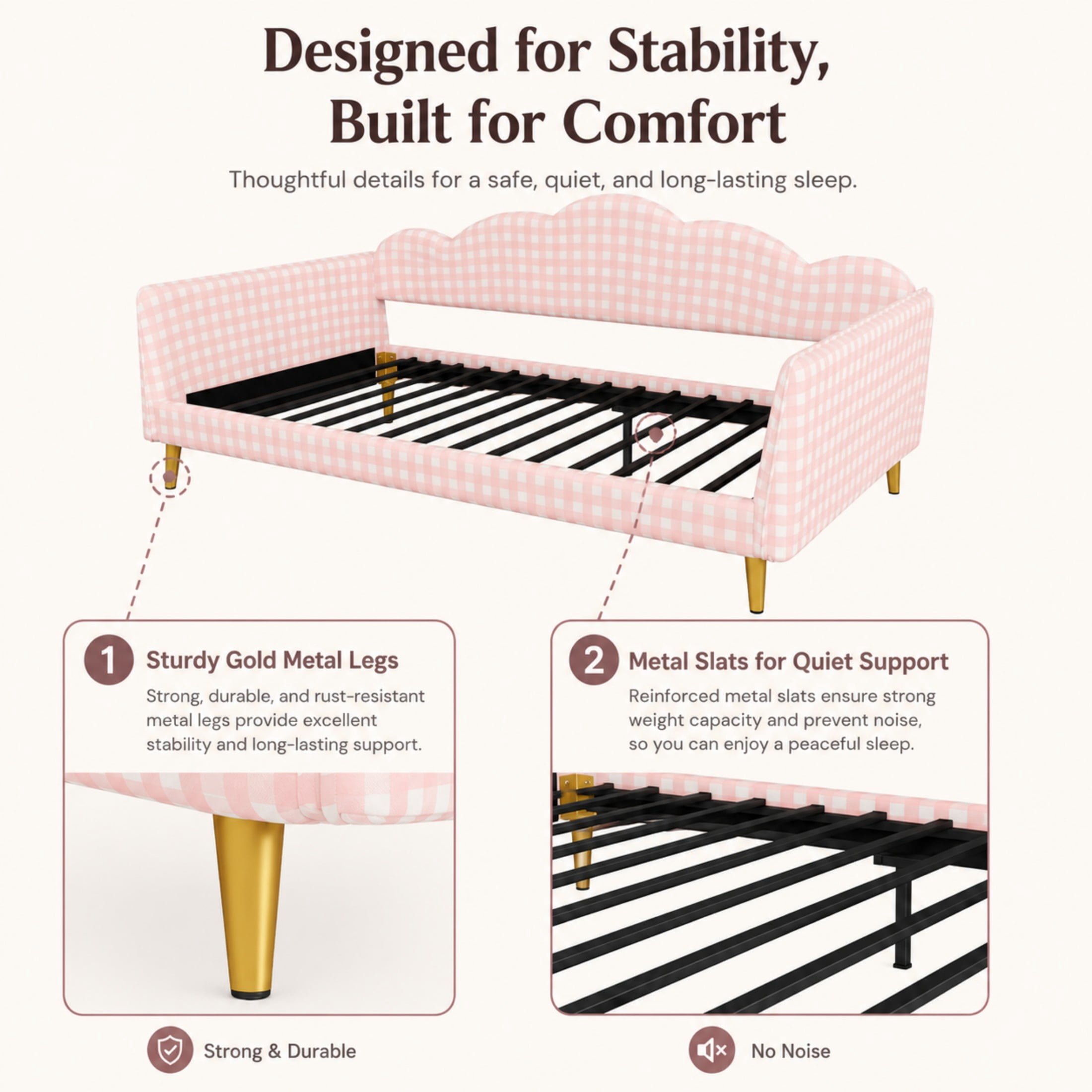 Noble House Jocast Twin Size Upholstered Platform Daybed, Gingham Pattern Headboard and Side Armrests, Pink