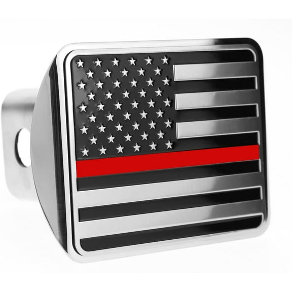 USA US American Flag Stainless Steel Emblem on Metal Trailer Hitch Cover (Fits 2" Receivers, Black & Chrome with Thin Red line)