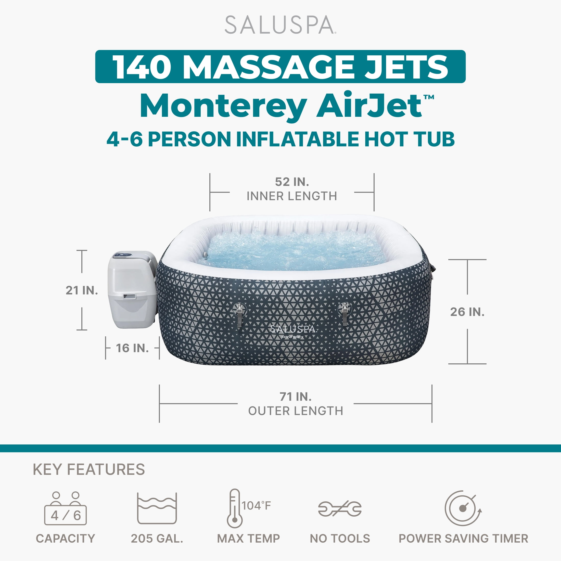 SaluSpa Monterey AirJet Outdoor Inflatable Square Hot Tub 4-6 Person with Pump #P08411