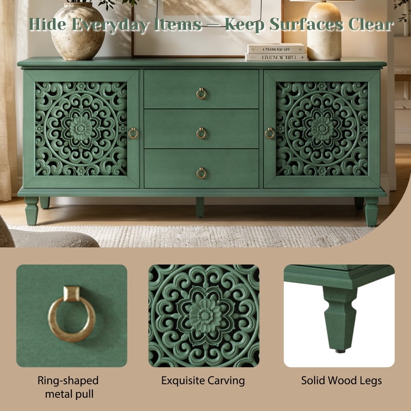 Vintage TV Stand with Carved Doors for 65'' TVs, Freestanding Storage Cabinet Media Console with Drawers & Adjustable Shelf