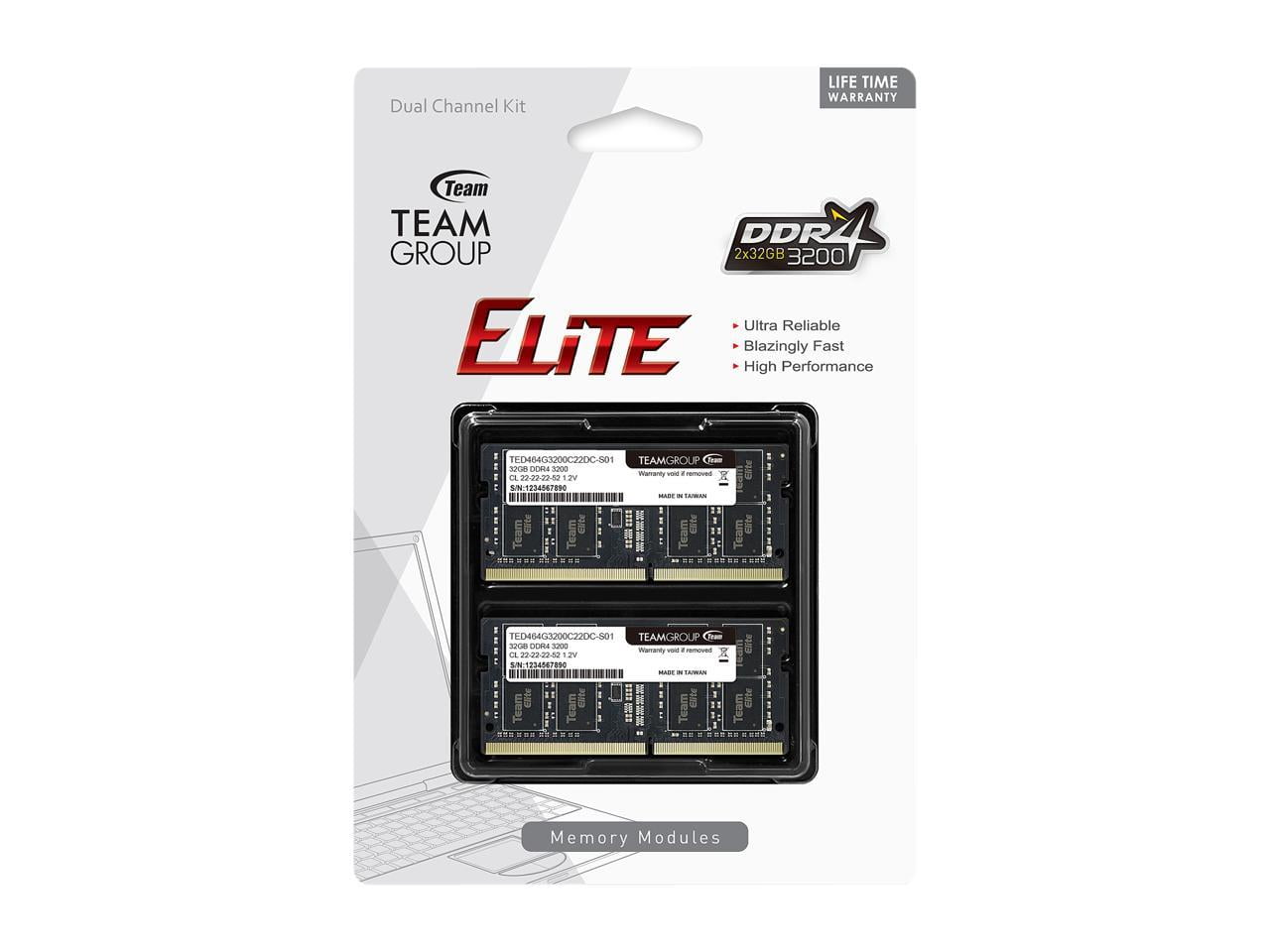 Team Elite 64GB (2 x 32GB) 260-Pin DDR4 SO-DIMM DDR4 3200 (PC4 Team Elite 64GB (2 x 32GB) 260-Pin DDR4 SO-DIMM DDR4 3200 (PC4