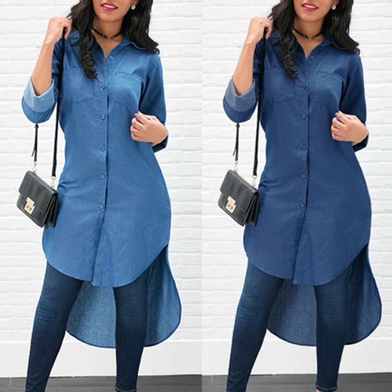 Goowrom Womens Blue Jeans Denim T Shirt Long Sleeve Casual Loose Shirt Mini Dress Other