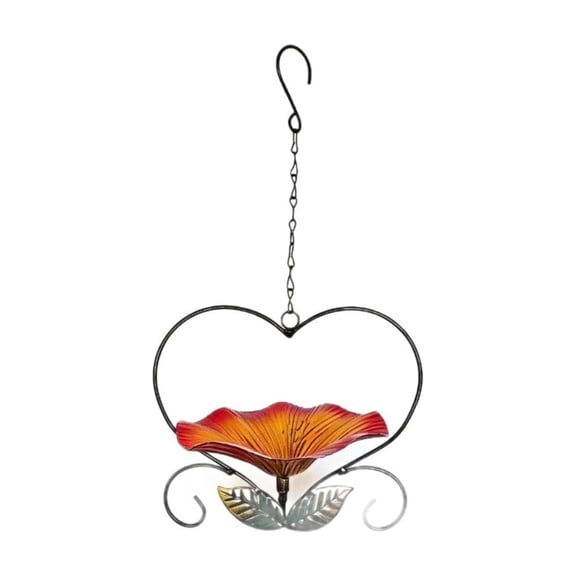 Hanging BirdBath for Outdoors - Flower Glass Bird Water Bowl with Hanging Circle, Bird Feeders for Outside, Garden, Lawn Yard Decor (1PC, Orange-Red)