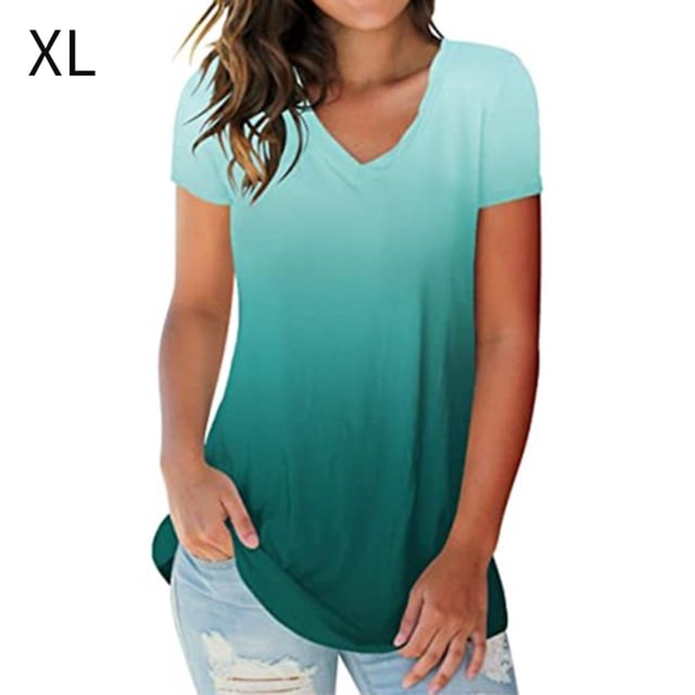 Camiseta de mujer V cuello de cuello corto Top de gradiente Tamisón casual, verde, XL Guardurnaity AP001652-04
