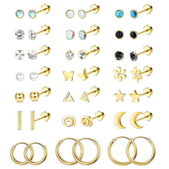 DESIGNICE 21 Pairs Flatback Stud Earrings for Women,Cubic Zirconia Cartilage Earrings for Women,316L Surgical Stainless Steel Hypoallergenic Earrings for Sensitive Ears Women,Gold