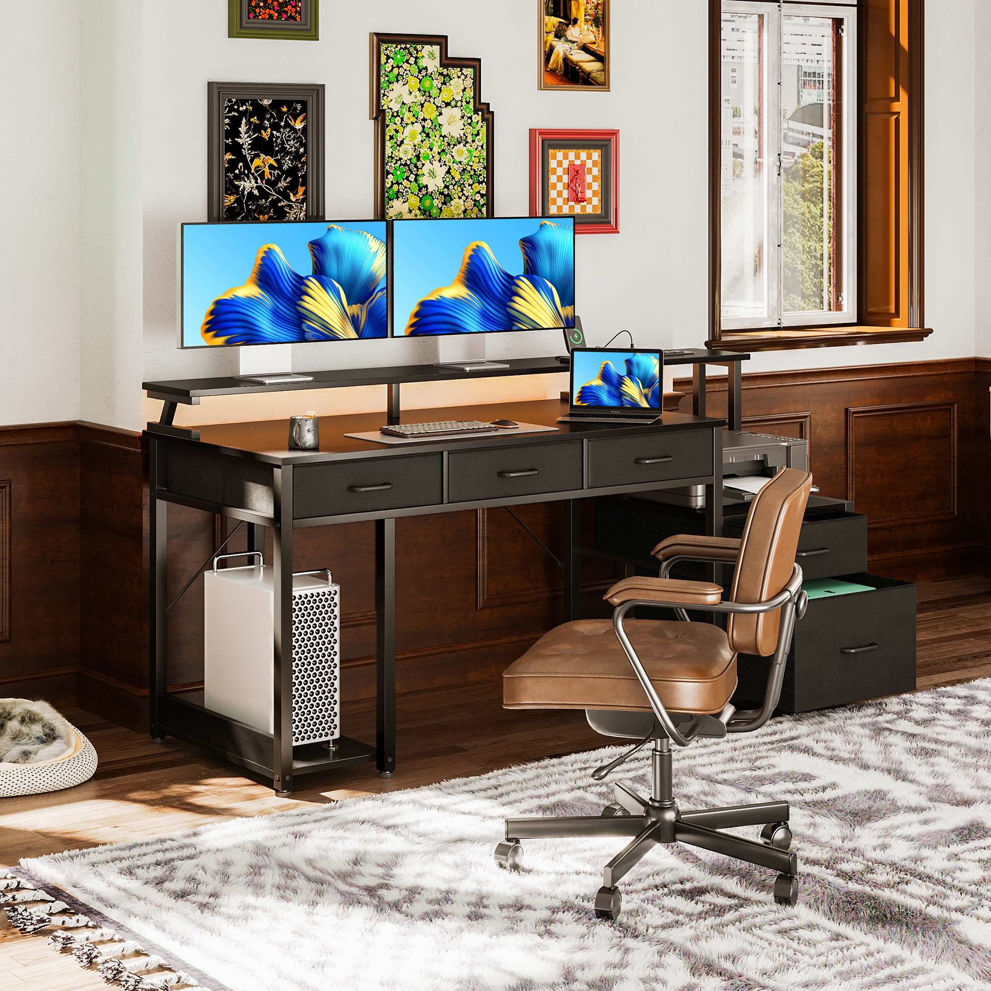 55 inch Computer Gaming Desk with LED Lights & Power Outlets, Home Office Desk with Storage Shelves & 5 Fabric Drawers, File Cabinet Monitor Stand, Black