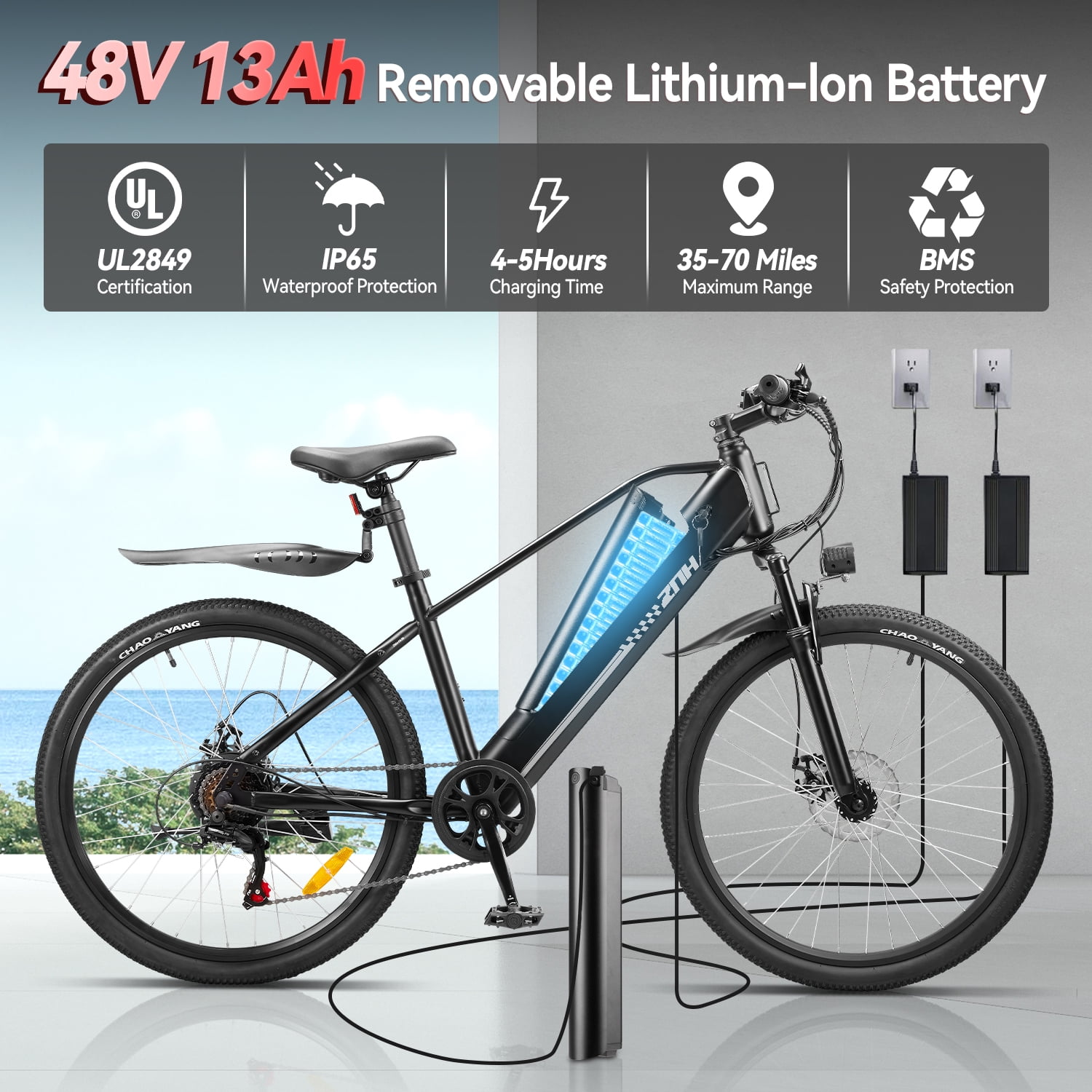 ZNH Powerful 750w Electric Bike for Adults,E-Bicycle w 48V 13AH Removable Battery,26'' Electric Mountain Bike for Men,UL2849,7-Speed,Blue