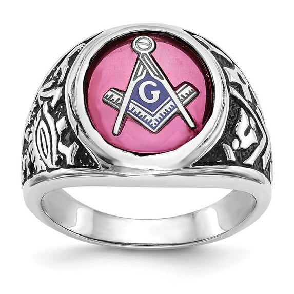 Solid 14k White Gold Men's Synthetic Ruby Masonic Ring Band Size 9