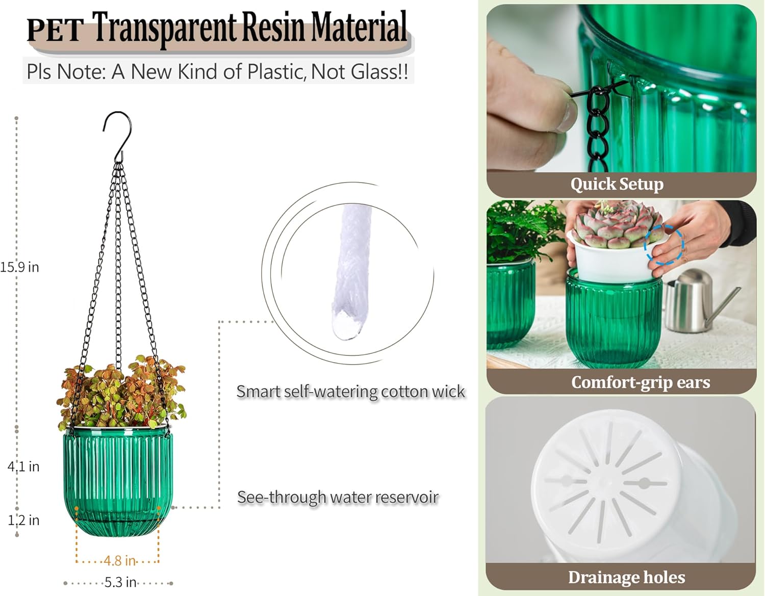 2 Pack Self Watering Hanging Planters Indoor Flower Pots, 5.3 Inch Outdoor Hanging Basket, Plant Hanger with 3Hooks Drainage Holes for Garden Home (Emerald)