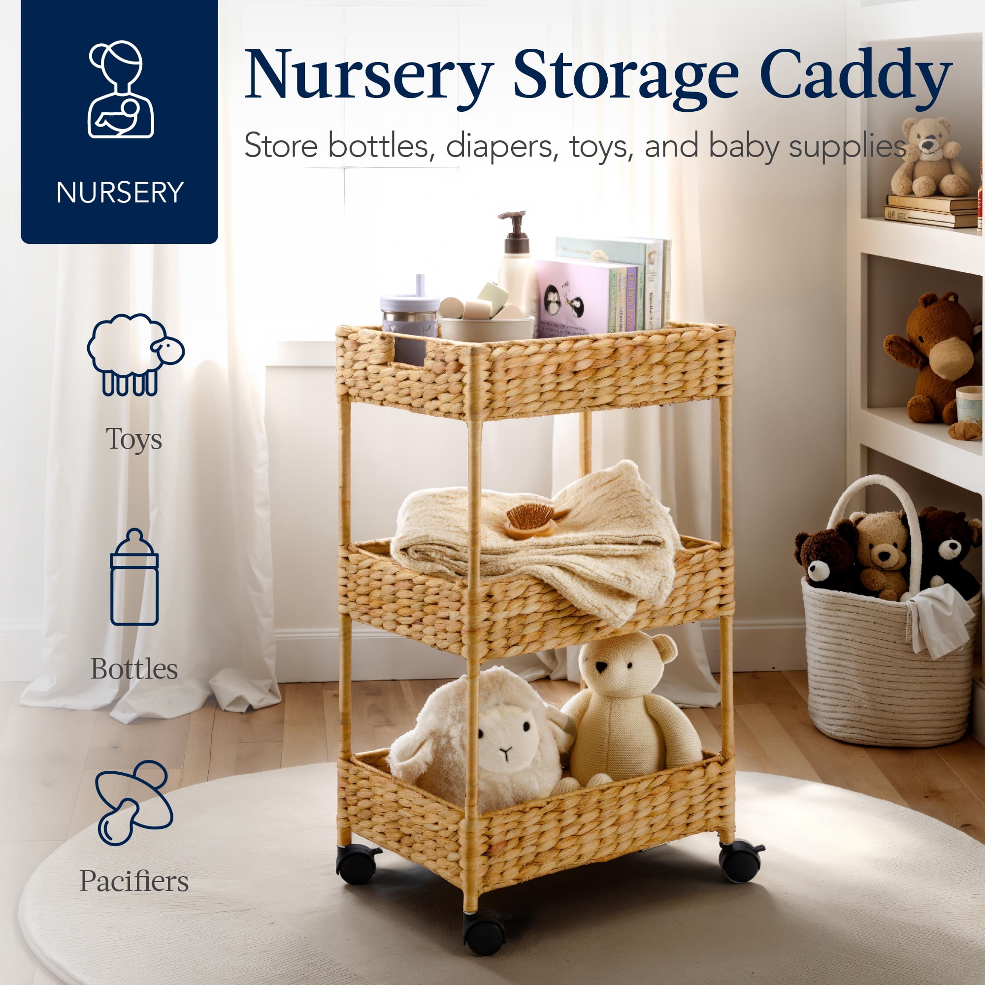 Best Choice Products 3-Tier Water Hyacinth Rolling Nursery Caddy w/ Wheels, Utility Cart, Storage Organization - Natural