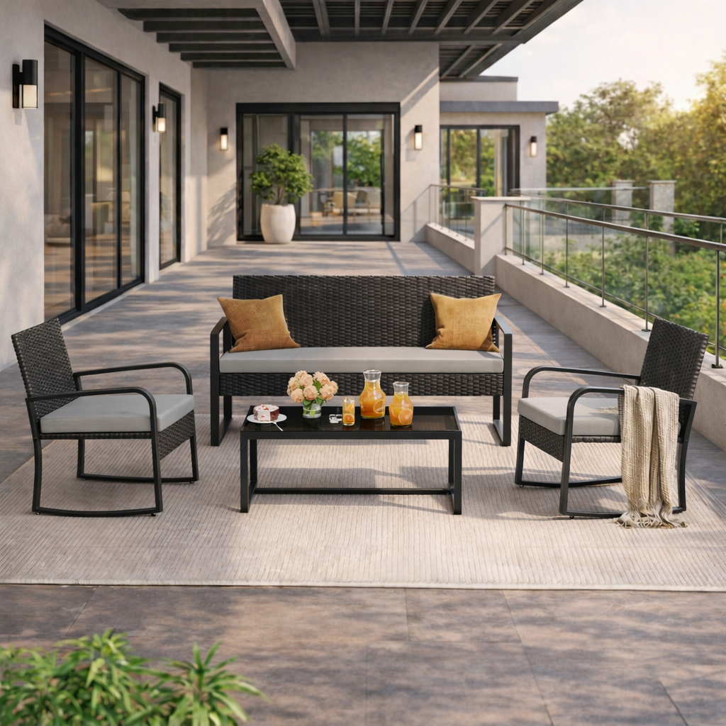 All-Weather Handwoven steel 4-Piece Patio Set Including Chairs and Coffee Table for Outdoor Leisure Space Dark Grey