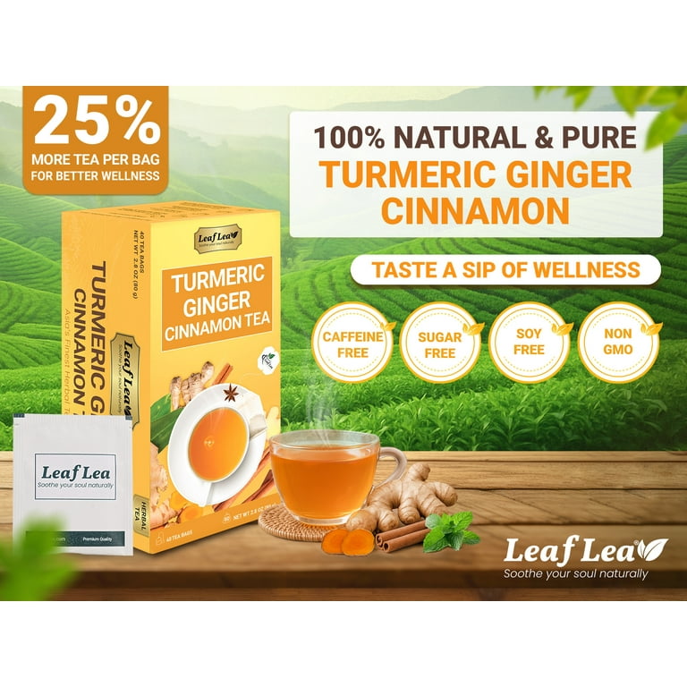 LeafLea, Herbal Tea Bags, 40 Pack, Turmeric Ginger Cinnamon