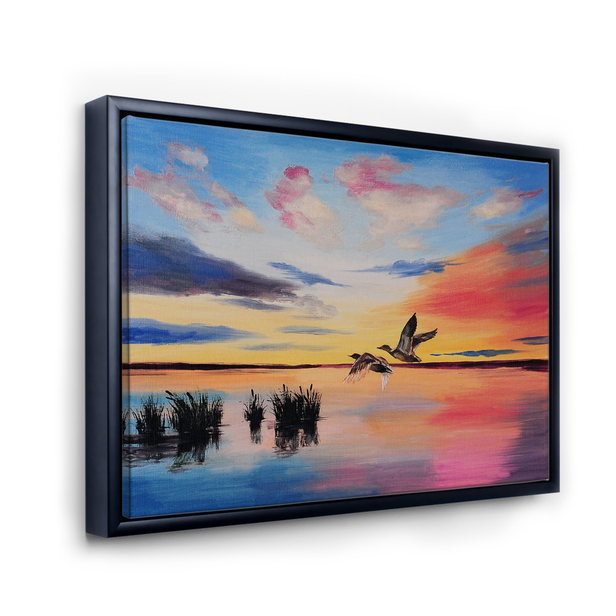 Designart 'Crane Birds Flying During Colorful Sunset' Nautical & Coastal Framed Canvas Wall Art Print